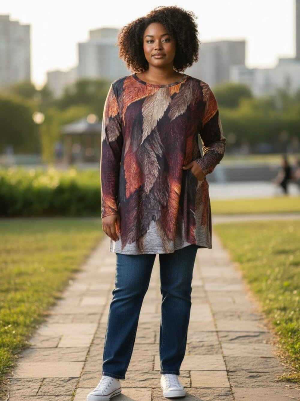 Autumn Colored‎ Long Sleeve Orange, Red, Black & Brown Leaves Top in 2XL